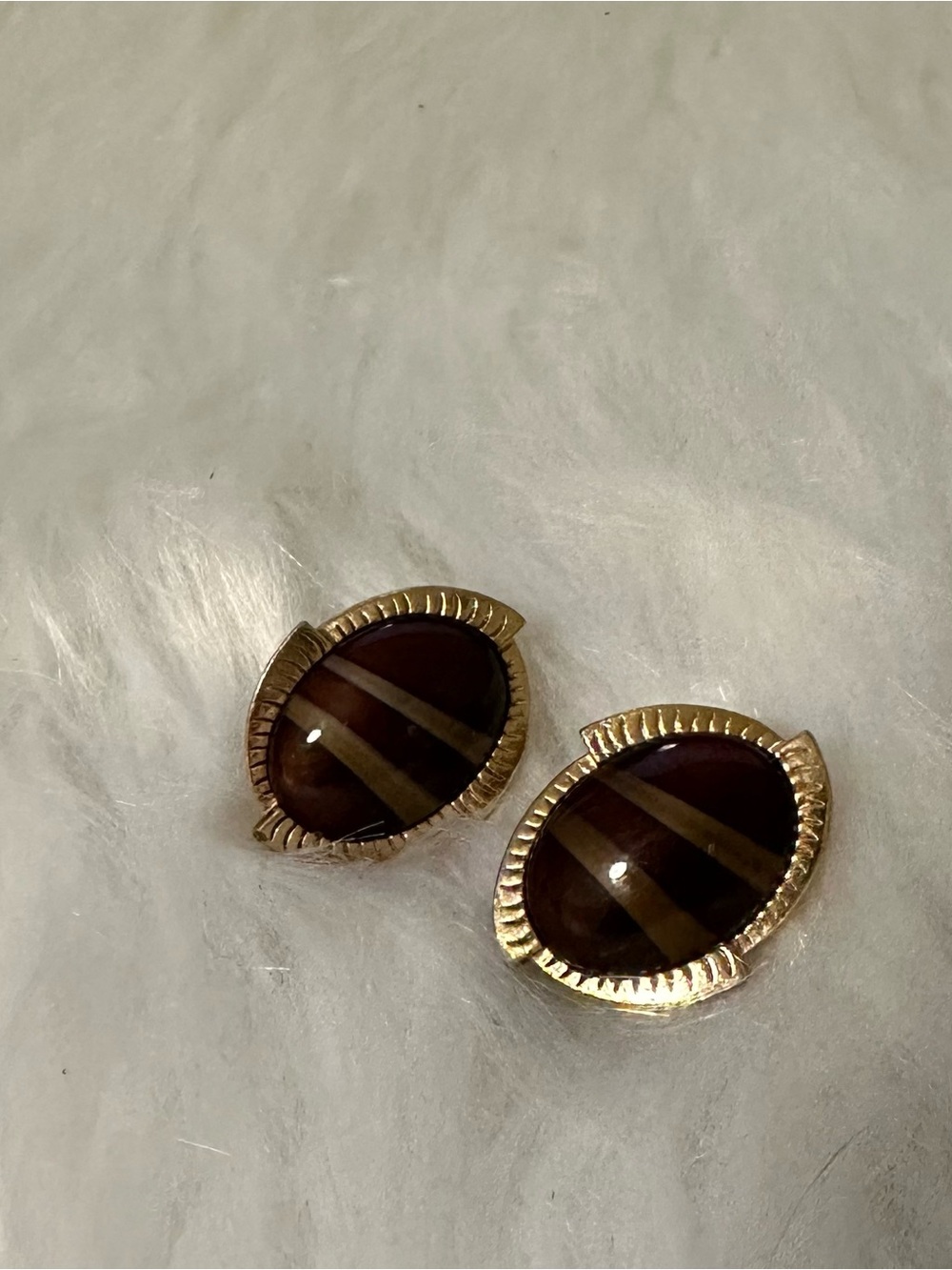 Sarah Coventry Gold-Tone Brown Striped Oval Clip Earrings